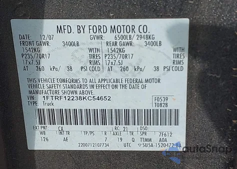 2008 Ford F150 z USA, uszkodzony, nr VIN 1FTRF12238KC54652